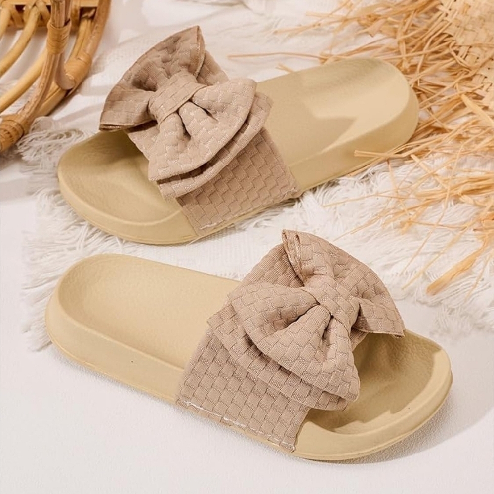 Flat Slide Sandals Slip-On Waterproof Flip-Flops Casual Shoes, Beige Bow, 38